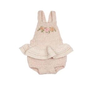 Girls Cream Knit Ruffle One-Piece Romper with Floral Embroidery